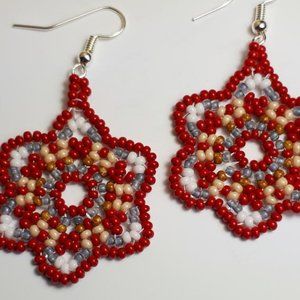 Red and silver flower pattern glass beaded earrings